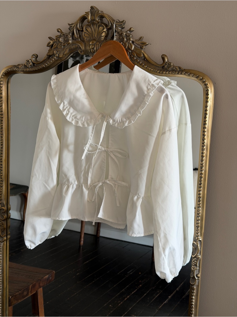 Amazon White Ruffle Collar Tie-Front Blouse